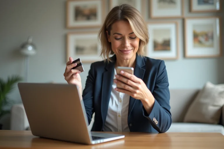 Femme d'âge moyen utilisant un smartphone et une carte bancaire