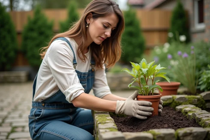 Femme jardinant avec soin dans un jardin aménagé, rempotant une plante près d'une bordure en pierre et d'un chemin en pavés