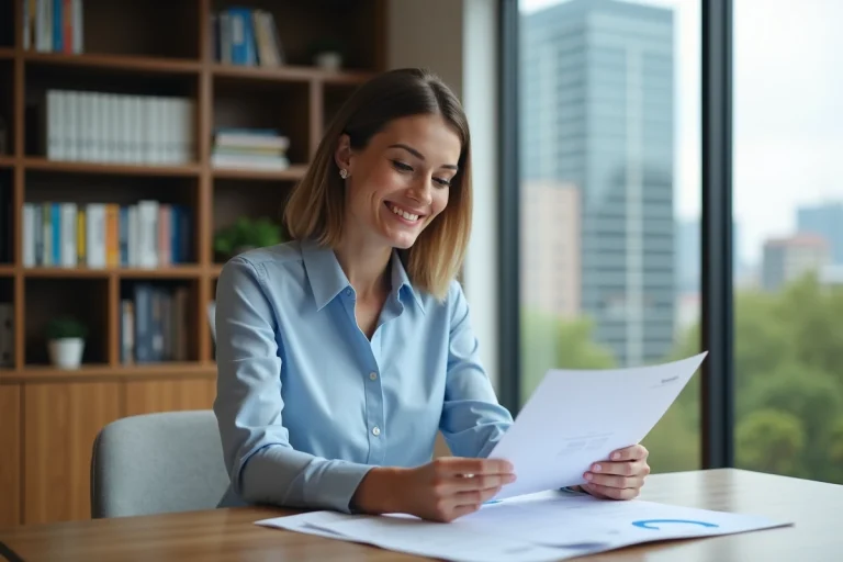 Femme souriante lit des documents immobiliers dans un intérieur moderne