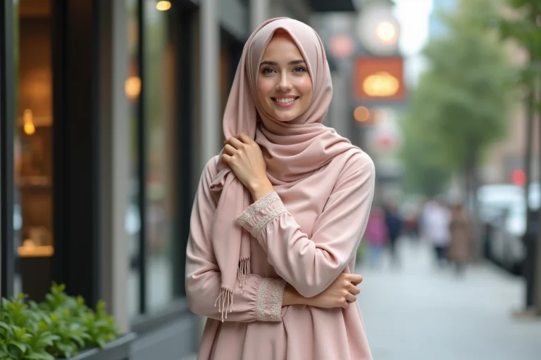 Jeune femme élégante en robe pastel dans une rue urbaine