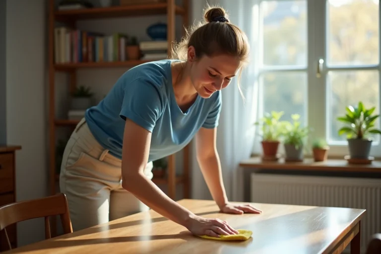 Femme d'âge moyen nettoyant une table en bois dans un intérieur chaleureux