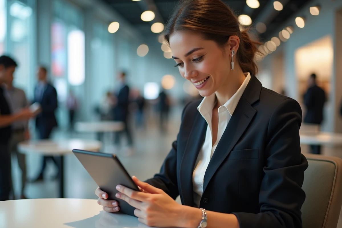Jeune femme vérifiant sa tablette dans un café moderne