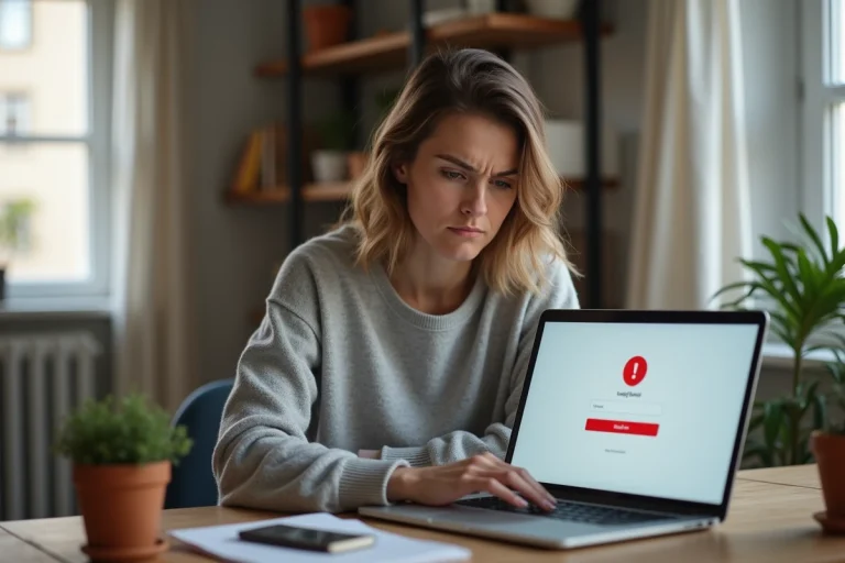 Femme frustrée face à un écran d'ordinateur affichant une erreur de connexion sur My Arkevia