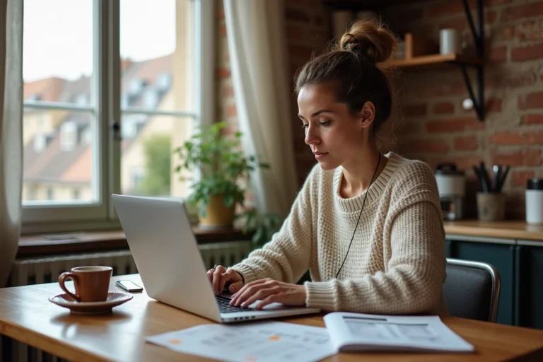 Femme consultant des annonces immobilières sur un ordinateur portable à une table en bois, entourée de notes et de documents de recherche d'appartement