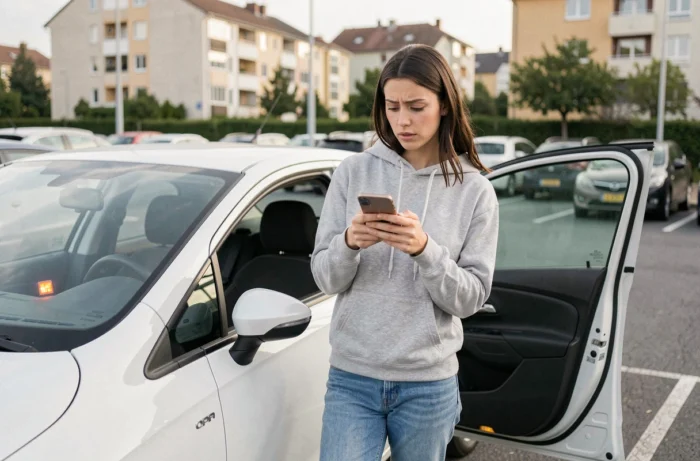 Jeune femme cherchant sur son téléphone pourquoi le voyant clé orange s'allume sur son Opel Corsa