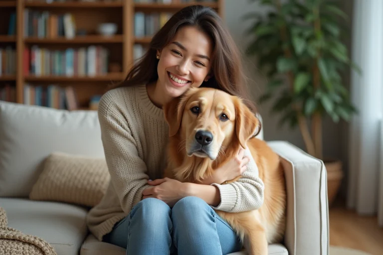 Femme souriante avec son retriever dans un salon chaleureux