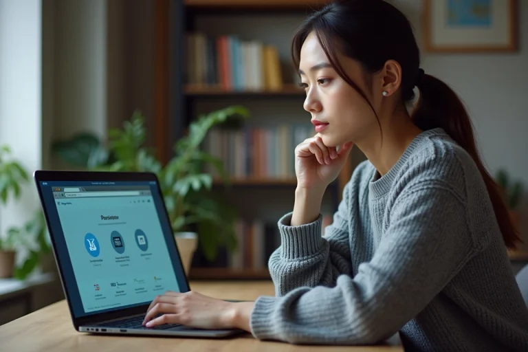 Jeune femme analysant des logos et icônes de sécurité en ligne sur un ordinateur portable dans un bureau à domicile moderne