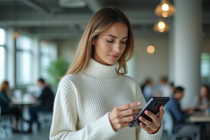 Femme utilisant un smartphone pliable dans un espace de travail technologique moderne, illustrant les dernières innovations high-tech