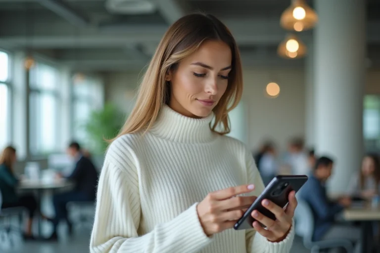 Femme utilisant un smartphone pliable dans un espace de travail technologique moderne, illustrant les dernières innovations high-tech