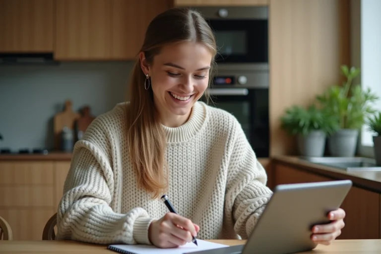 Femme assise à une table moderne utilisant une tablette