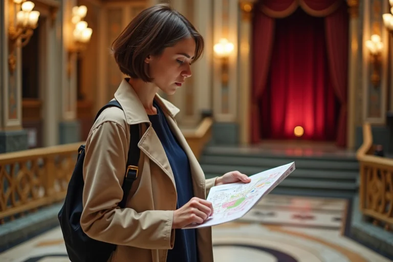 Jeune femme regardant un plan au théâtre du Palais Royal