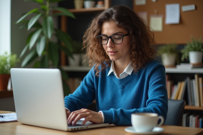 Jeune femme en télétravail concentrée sur son ordinateur