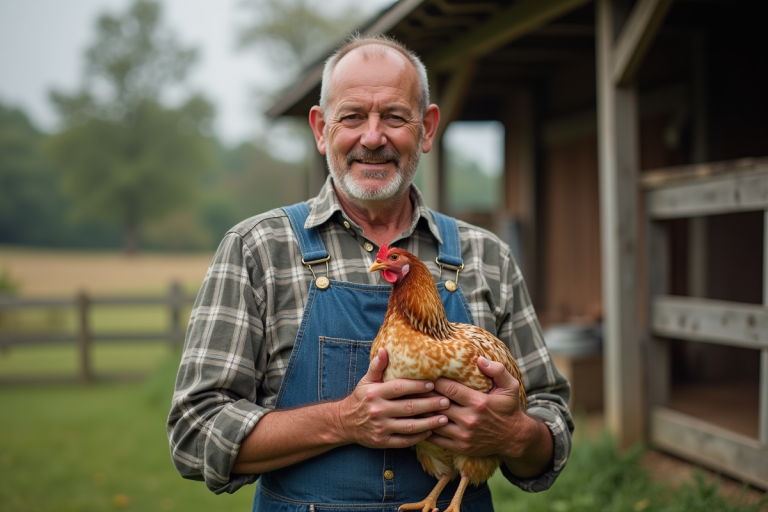 Fermeur en overalls tenant une poule dans une ferme rurale