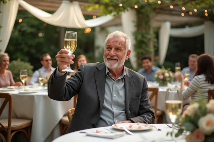 Homme de 70 ans portant un toast au champagne lors d'une fête d'anniversaire élégante dans un jardin fleuri en plein air