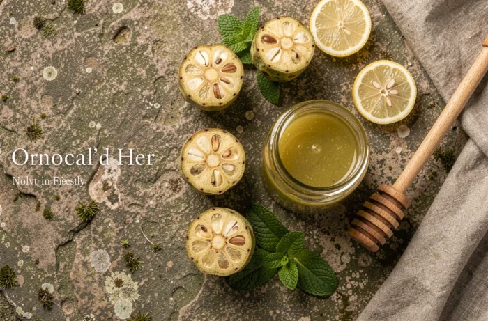 Vue de dessus d'un assortiment de fruits noni coupés avec un bocal de jus de noni frais sur une surface en pierre texturée