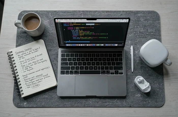 Vue aérienne d'un espace de travail de développeur avec les commandes de mise à jour X-Script affichées sur un MacBook