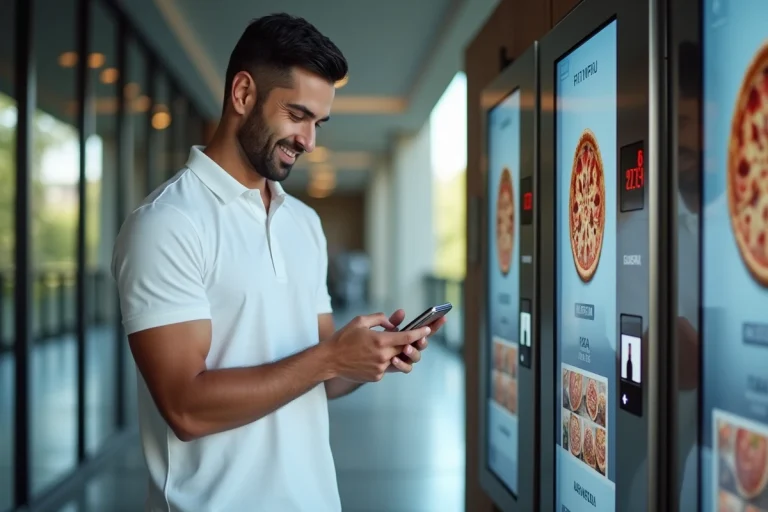 Un homme consultant l'application MyPizzadoor sur son smartphone devant un distributeur automatique de pizzas en entreprise