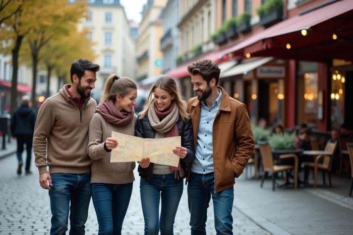 Groupe de quatre adultes souriants dans une ville animée
