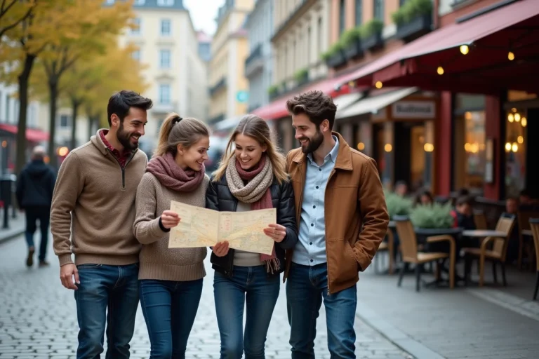 Groupe de quatre adultes souriants dans une ville animée