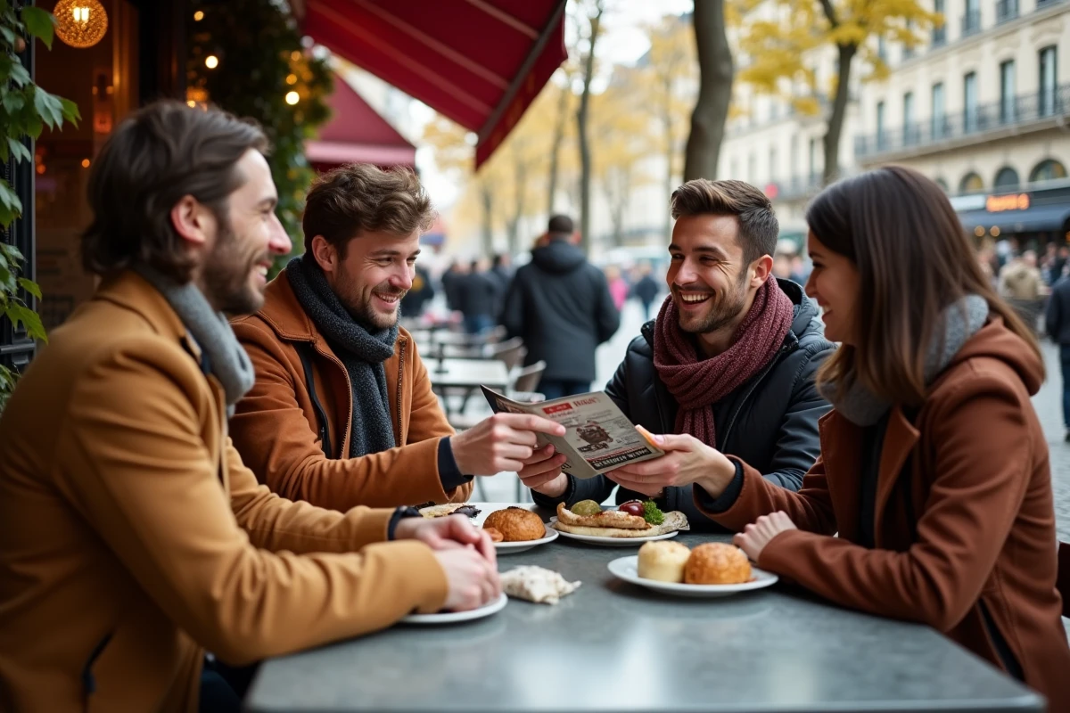 Groupe d amis autour d un café parisien en automne