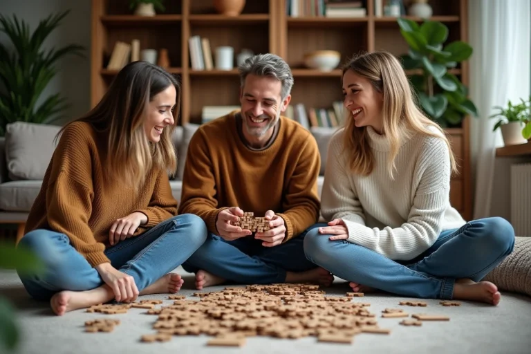 Groupe d'amis assemble un puzzle en bois dans un salon chaleureux