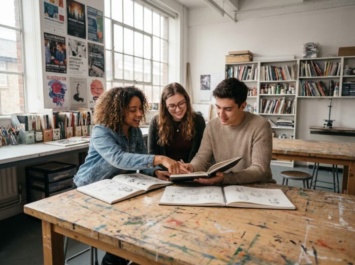 Groupe d'étudiants en école d'illustrateur comparant leurs carnets de croquis dans un atelier de dessin collectif
