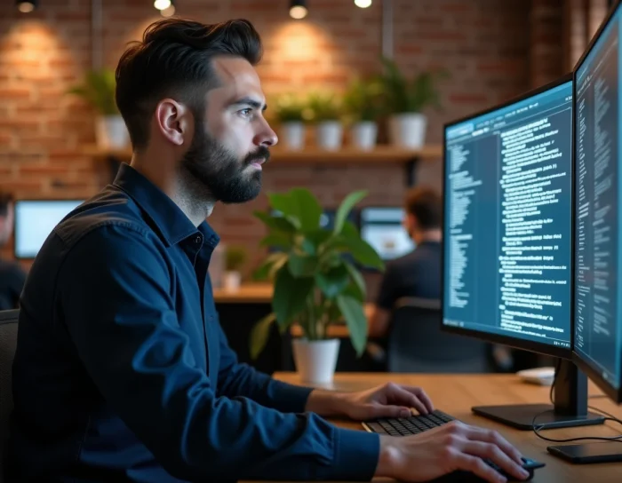 Homme analysant un sitemap XML d'un site d'actualités sur son écran dans un espace de coworking