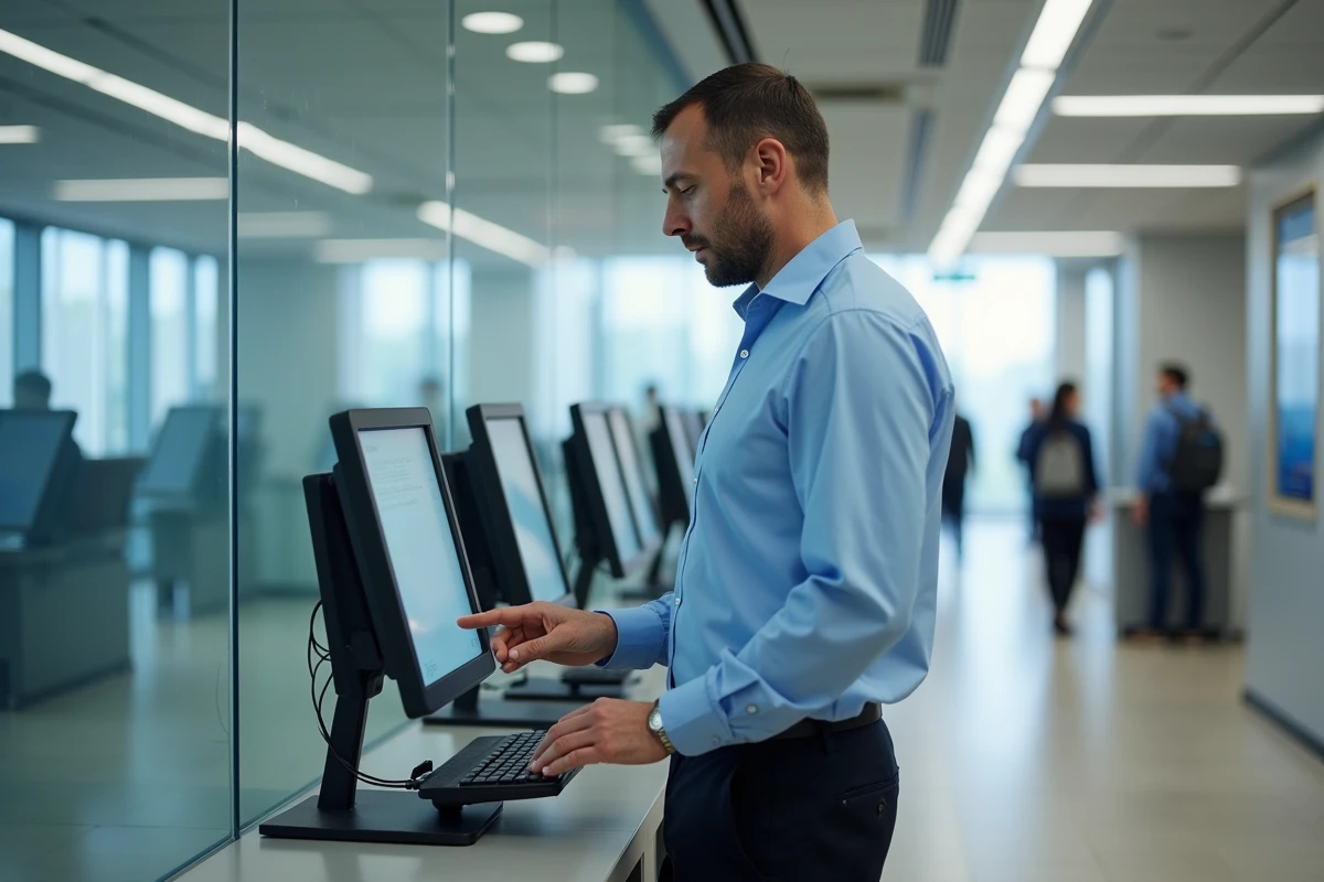 Homme au centre de demande de visa utilisant un ordinateur public