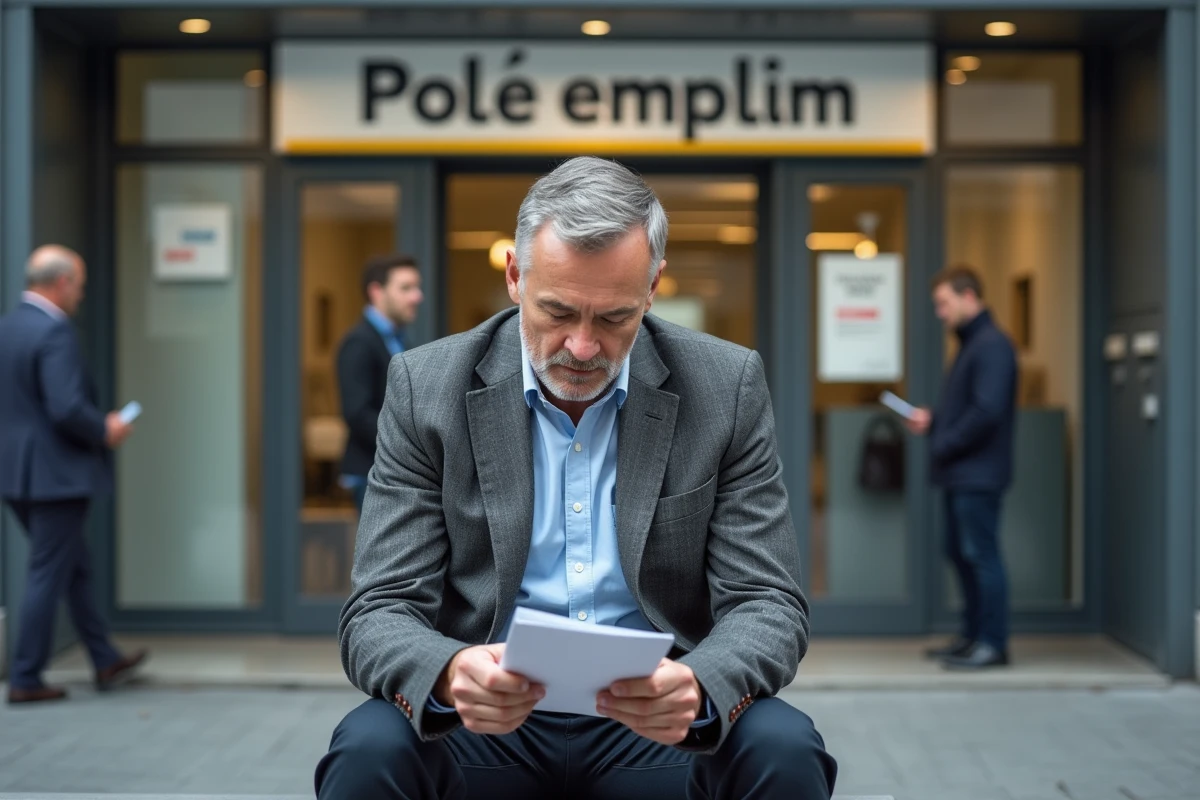 Homme en veste grise consulte un carnet devant le bureau Pôle emploi