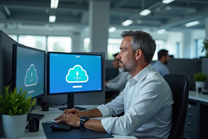 Homme en entreprise bloqué sur la page de connexion d'une plateforme de stockage cloud comme My Arkevia