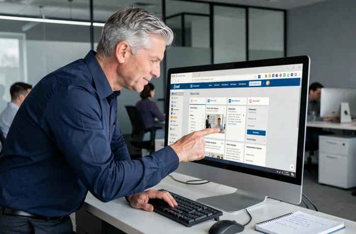 Homme d'affaires découvrant les ressources d'un site web sur un grand écran d'ordinateur dans un bureau professionnel moderne