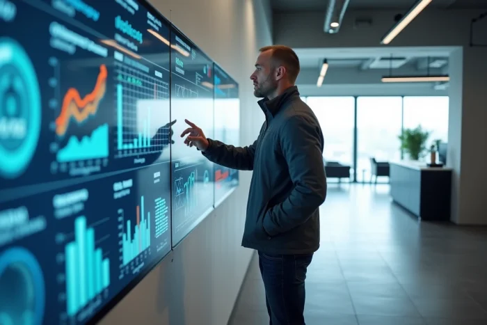 Homme interagissant avec un écran tactile géant affichant des données technologiques dans un showroom high-tech épuré