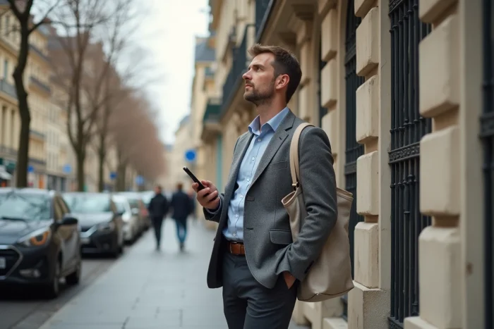 Homme évaluant la façade d'un immeuble haussmannien depuis la rue, tenant un smartphone avec une application de recherche immobilière