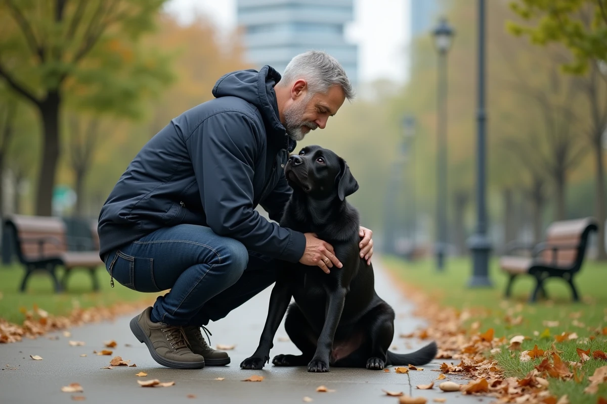 Homme avec son labrador dans un parc urbain en automne