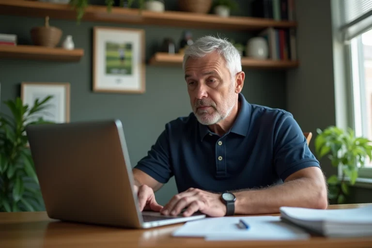 Homme d'âge moyen utilisant un ordinateur pour accéder à l'extranet golf