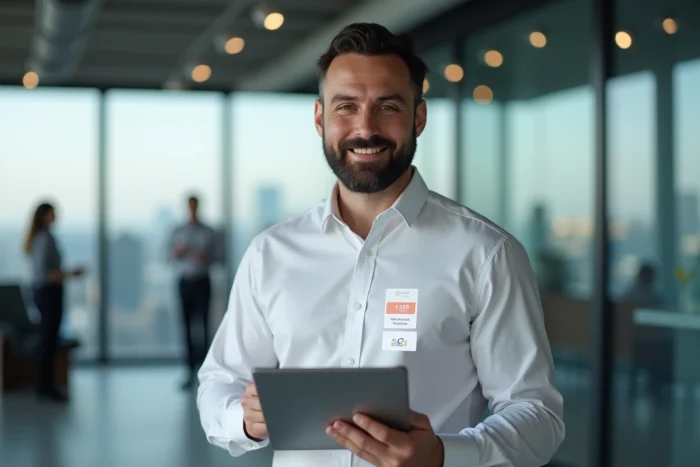 Homme professionnel tenant une tablette affichant des badges de vérification et de sécurité sur un site web dans un bureau moderne