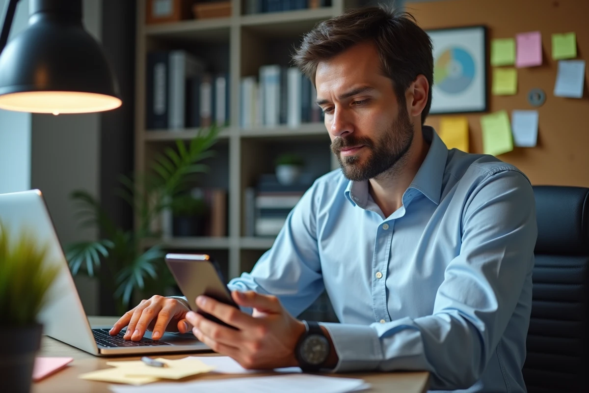 Homme au bureau avec ordinateur et notes organisées