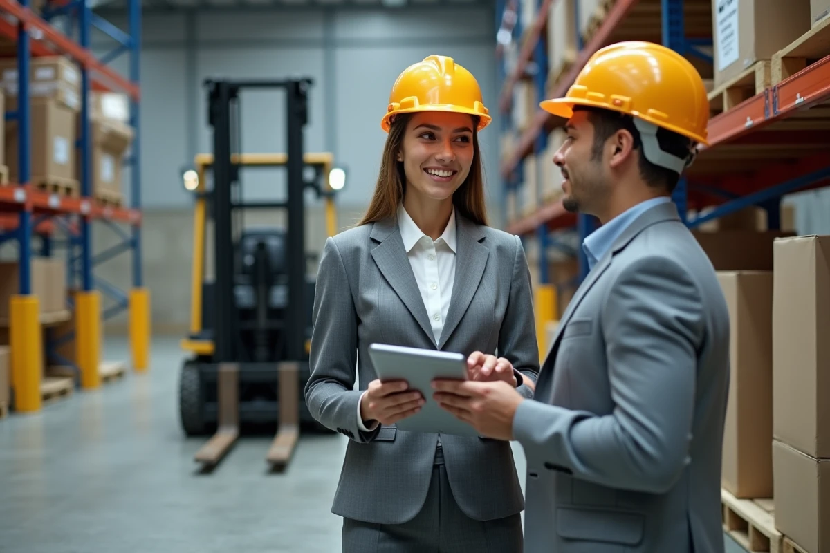 Jeune ingénieure discutant avec un opérateur dans un entrepôt moderne