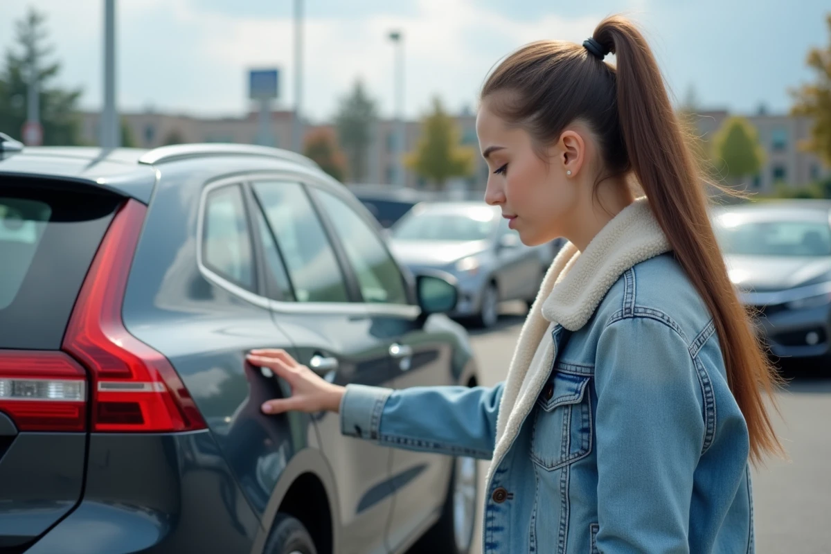 Jeune femme inspectant une voiture d occasion en extérieur