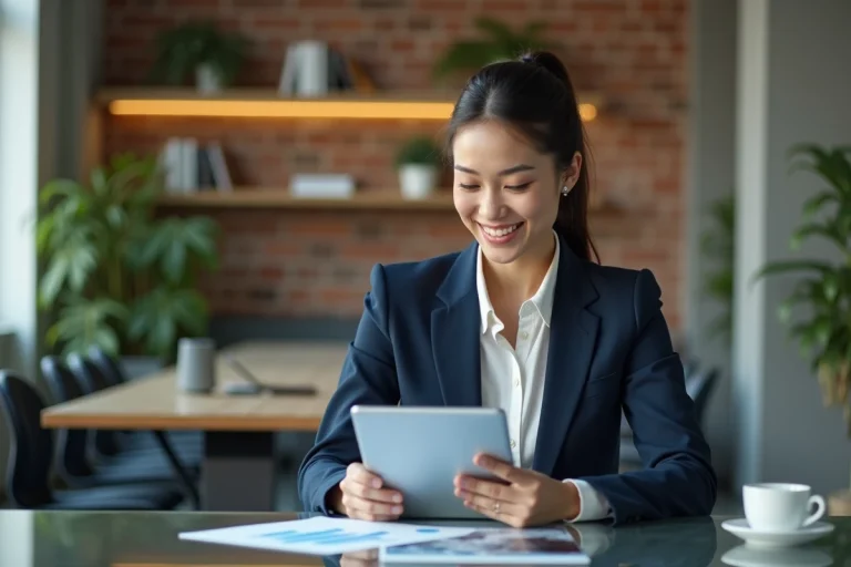 Jeune femme d'affaires souriante avec tablette dans espace moderne
