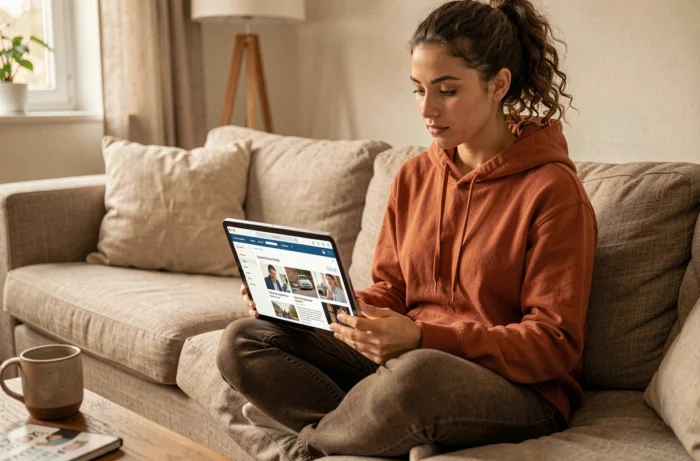Jeune femme consultant un site de ressources sur une tablette depuis son canapé dans un salon cosy et détendu
