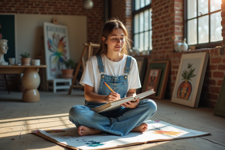 Jeune femme en denim esquissant dans un atelier lumineux