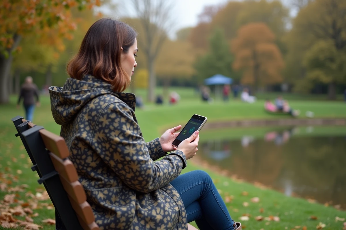 Jeune femme avec smartphone assise au bord du parc