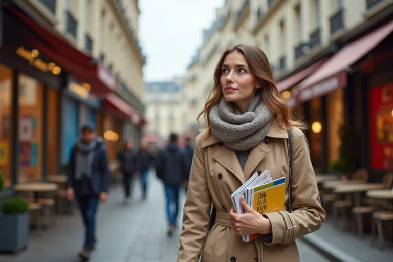 Jeune femme dans Paris avec guide et trench beige