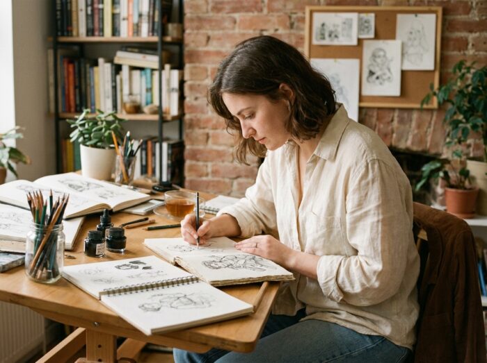 Jeune femme passionnée de dessin travaillant sur ses illustrations dans un studio artistique chaleureux et personnel