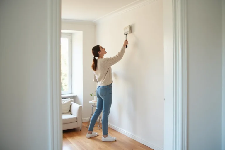 Jeune femme peignant un mur de chambre avec sourire naturel