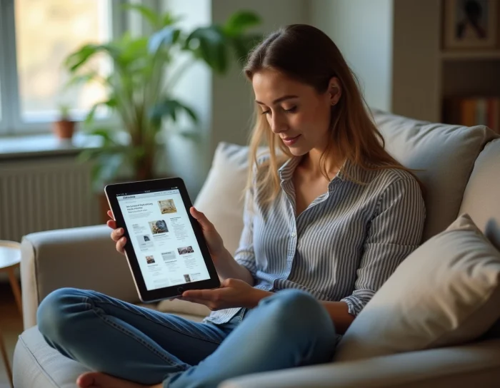 Jeune femme naviguant sur le sitemap d'un site d'actualités depuis sa tablette dans son salon