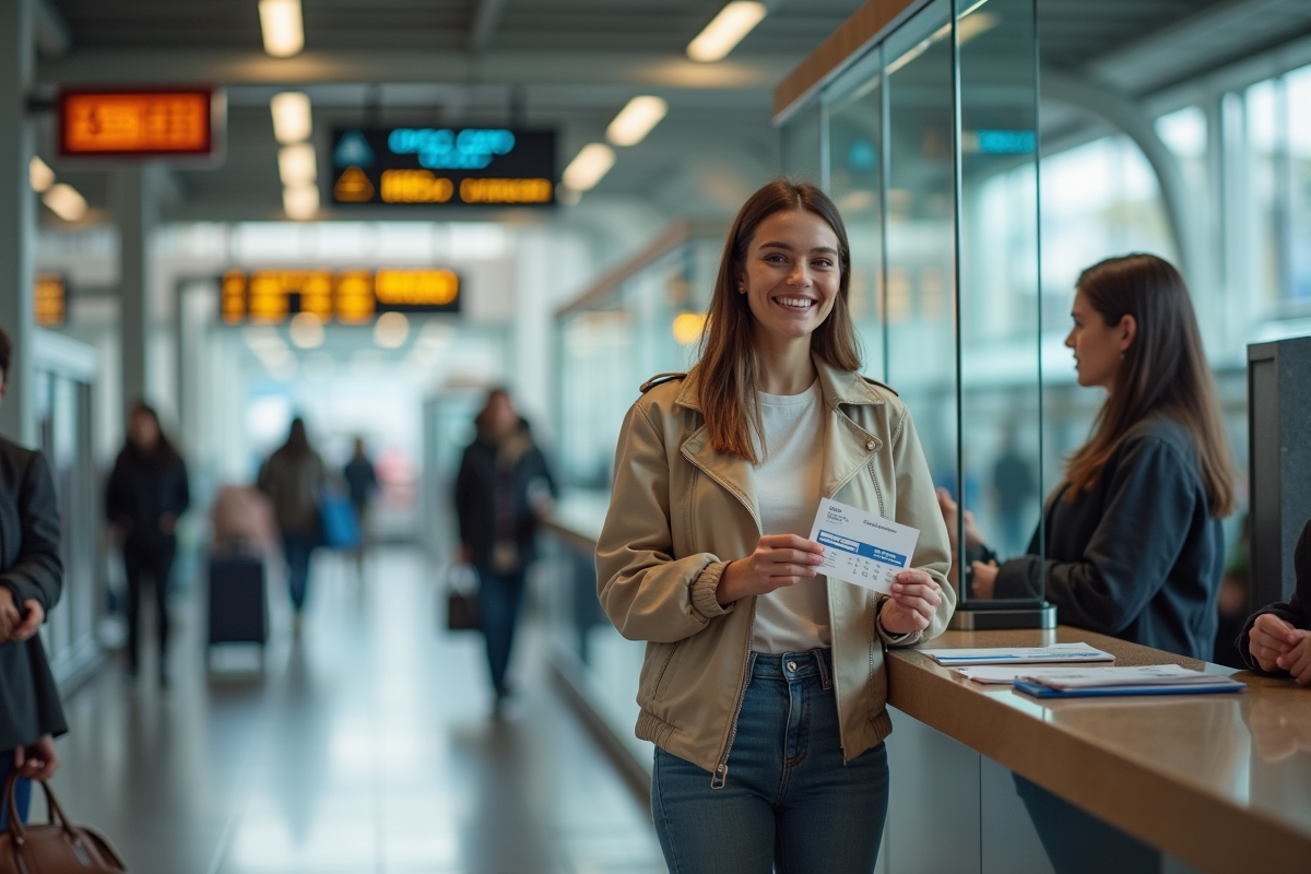 Jeune femme donnant un cheque vacances au guichet train