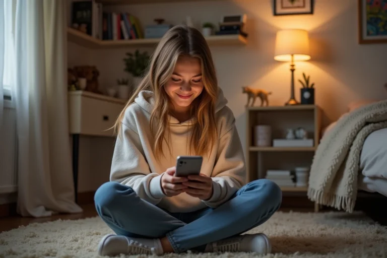 Jeune fille assise sur le sol de sa chambre en hoodie, utilisant son téléphone