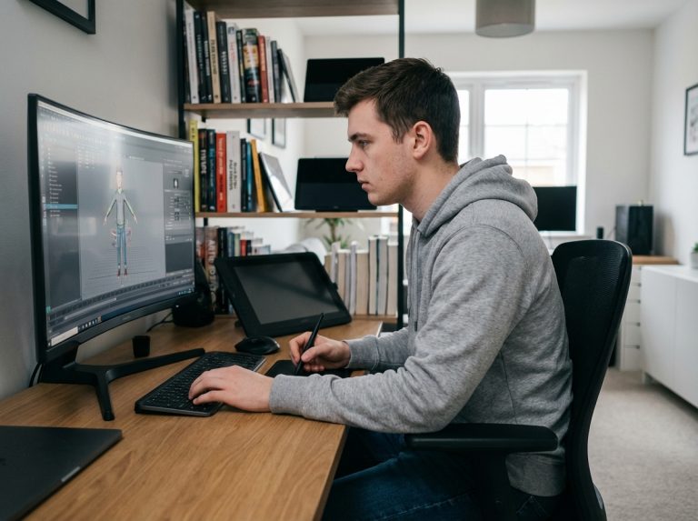Jeune homme concentré sur un logiciel 3D dans un bureau moderne